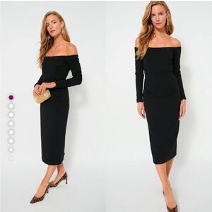 Tuckernuck NWT Black Alva Off the Shoulder Formal Long Sleeve Midi Dress Size 6